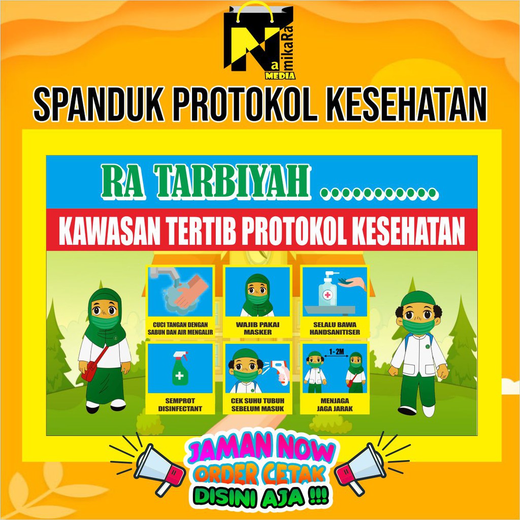 Spanduk Banner Backdrop Protokol Kesehatan TK, RA, SD, MTS,/ Banner COVID-19 / Spanduk Wajib Masker 