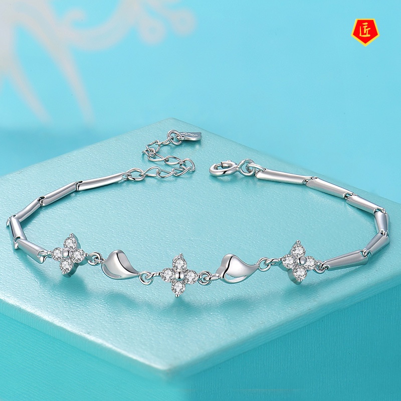 [Ready Stock]Fashion Four-Leaf Clover Diamond Heart-Shaped Bracelet