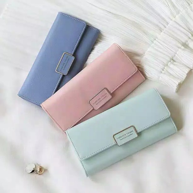 Dompet panjang wanita korea Impor Tipis fashion motif polos hitam pink biru ungu merah abu