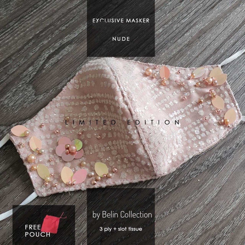 Masker Kain Brokat Premium Pesta 3ply | Nude Putih White Glitter Payet