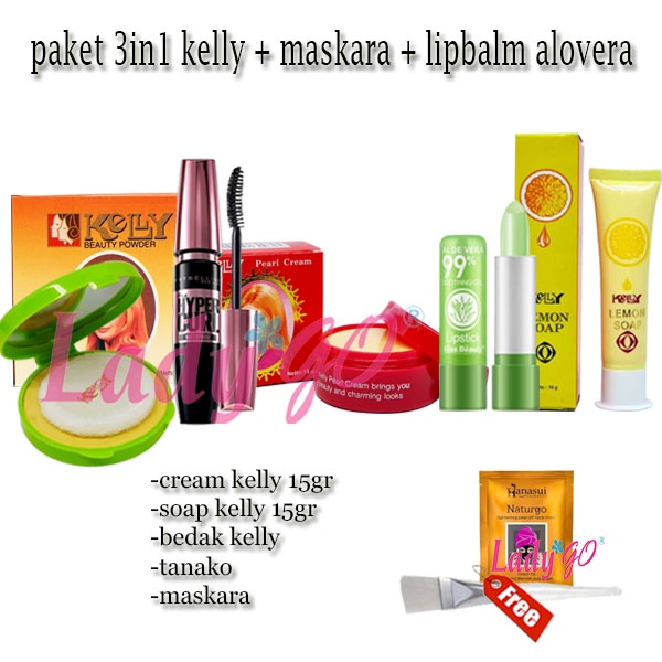 Paket Kecantikan 5 IN 1 - Maskara - Lipbalm Aloevera dan Kelly kosmetik Cream- Bedak -Lemon GRATIS 1 pcs masker naturgo+kuas masker
