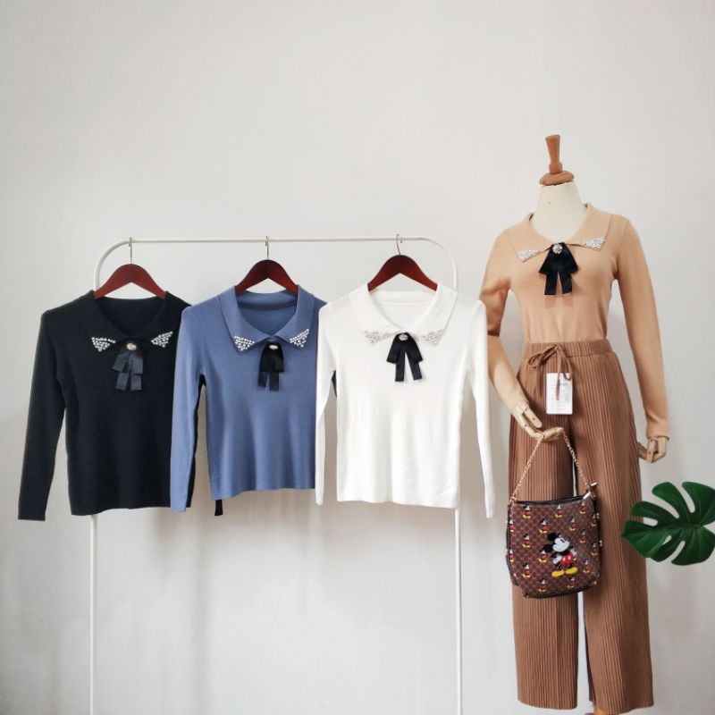 Atasan rajut kerah mutiara bros pita import bkk bangkok hk chn china