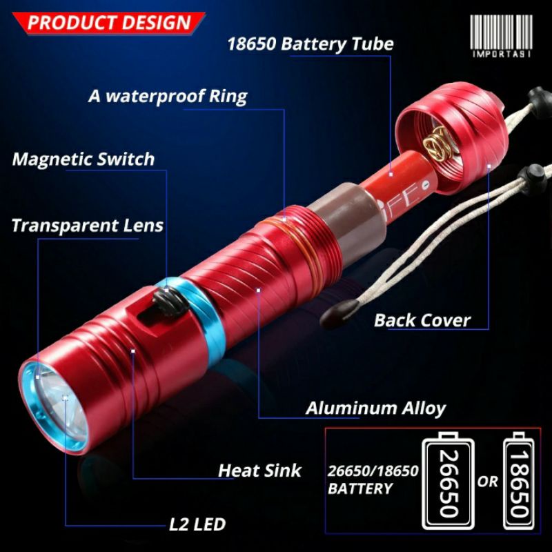 TAFFLED Senter LED Diving Underwater L2 3800 Lumen Waterproof Scuba Selam 100m