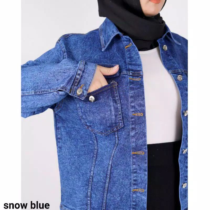 JAKET JEANS WANITA HODIE JAKET CEWEK JUMBO OVERSIZE JINS DENIM JAKET LEPIS KEKINIAN-Biondy Snow biru