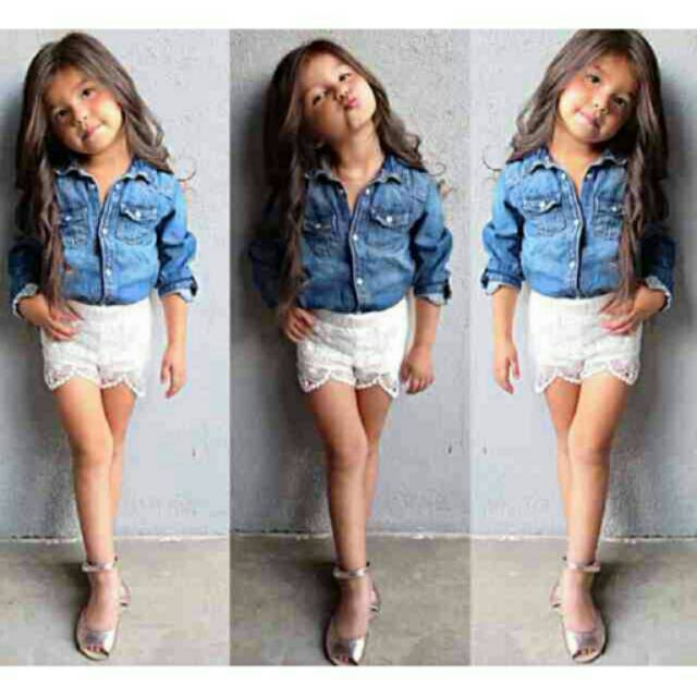 Girl set kemeja jeans+ pants brokat
