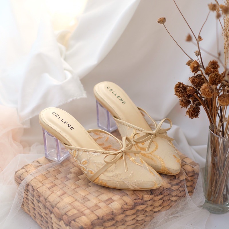 Cellene • Canbera Heels 37-42 | Wedding Shoes Brukat Heels Kaca 7cm-Wave Gold