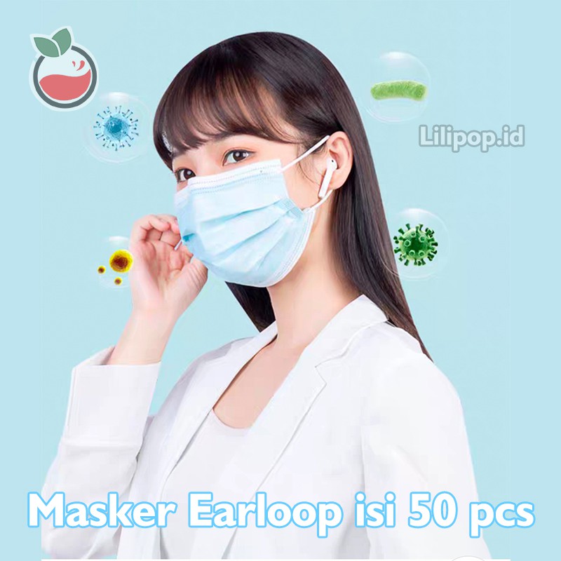 Masker Earloop 3 Ply isi 50 Pcs Murah Warna Pink Biru Hijau Hitam