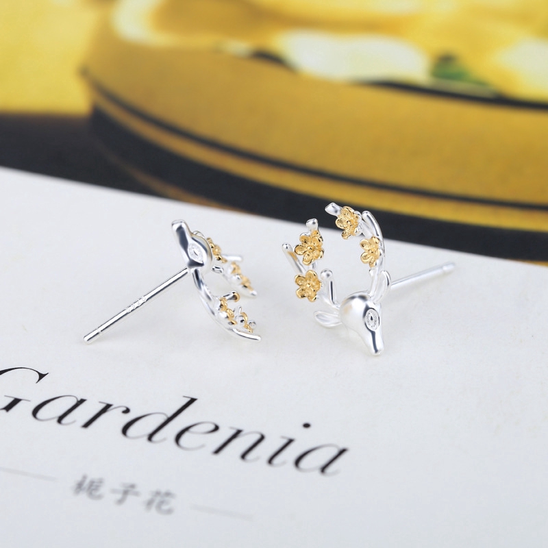 Anting Bunga Rusa Lucu Cute Deer Flower Stud Earrings for Women Silver Jewelry Fashion Tiny Charm Party Earring