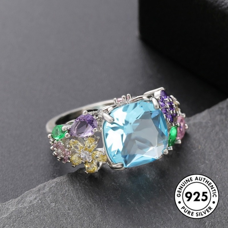 Cincin Sterling Silver 925 Dengan Batu Permata Kotak Warna-Warni Untuk Wanita