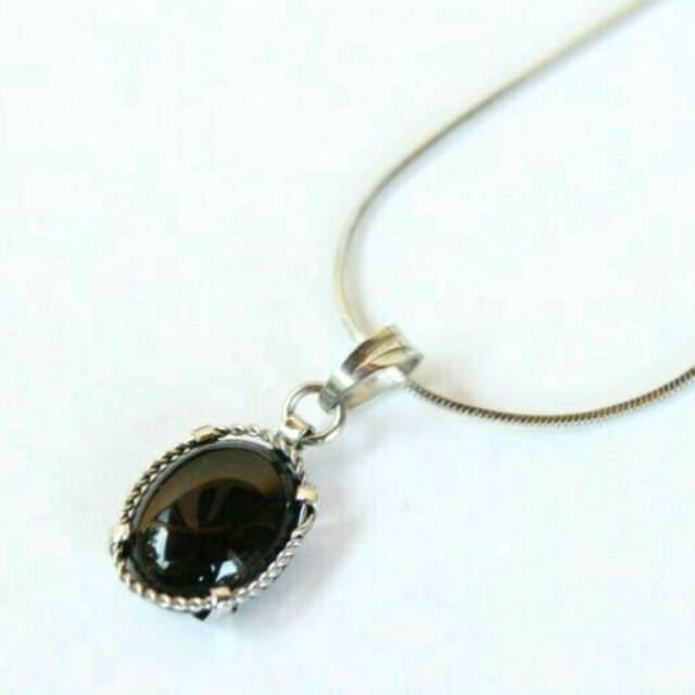 Kalung Womens Necklace Titanium steel Wanita Batu Blue Onyx Hitam Necklace