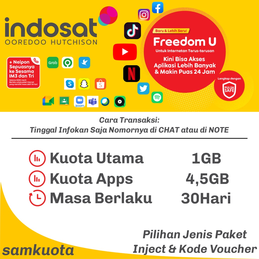 freedom U 1GB + 4,5GB aplikasi 30 Hari | kuota Indosat Ooredoo Paket Data Internet