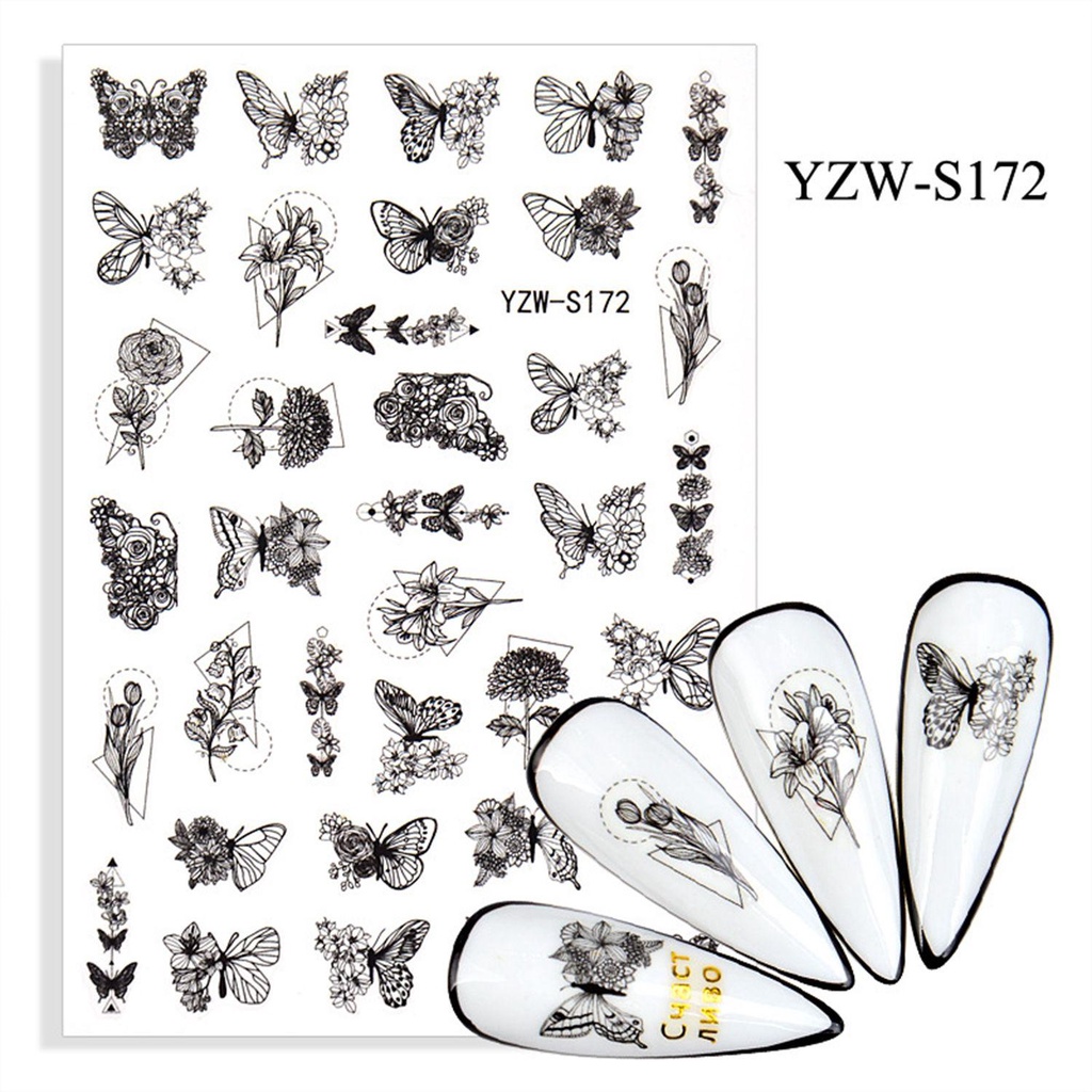 R-flower 1lembar Stiker Kuku Kupu-Kupu Fashion Decals Motif Bunga Geometris Nail Art Dekorasi