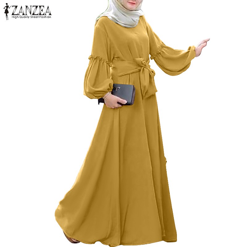 ZANZEA Women Lantern Sleeve Elastic Cuffs Ruffles Muslim Long Dress