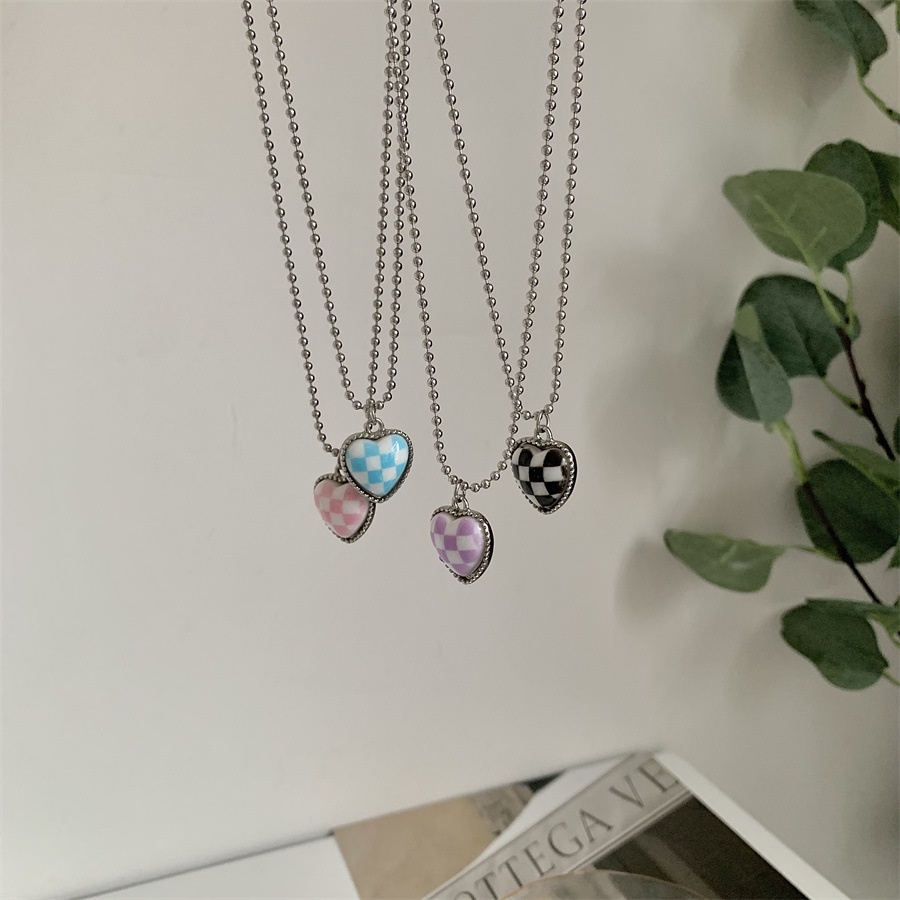 Love Checkerboard Necklace Accessories Retro Simple Hip Hop Casual Clavicle Chain Titanium Steel