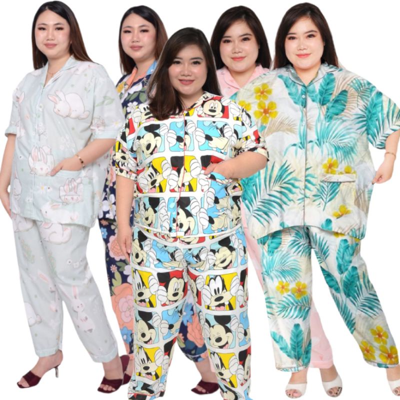 PIYAMA BIG SIZE/JUMBO WANITA LD 130 / BAJU TIDUR SET CELANA PANJANG LENGAN PENDEK