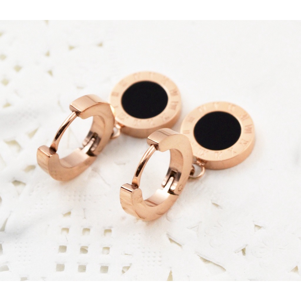 Anting Titanium Rose Gold Asli Wanita Fashion Anti Karat Murah AA003 Motif Bulat romawi hitam