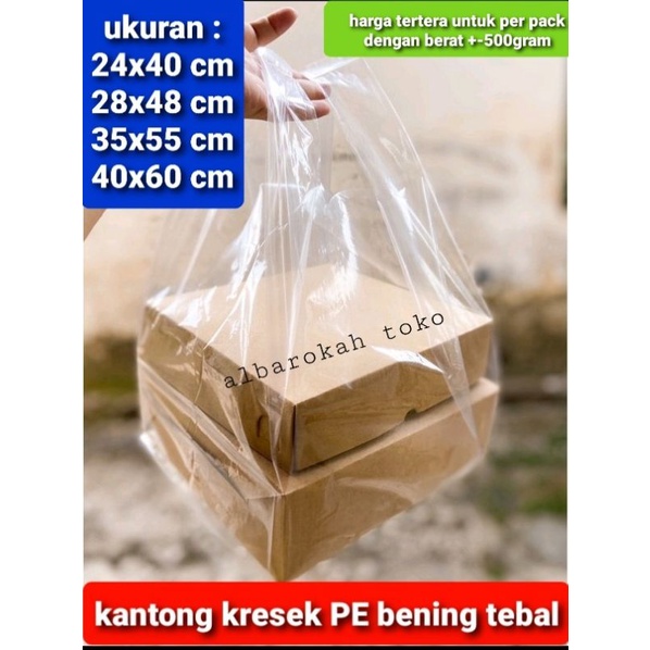 Kantong plastik PE bening berbagai ukuran / kantong tentengan bening transparan tebal ukuran 24, 28, 35 dan 40