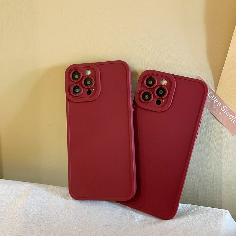 Korean Style！Red Wine Color Soft Silicon Case iP iPhone 7 8 + Plus X XR SE 2020 XS Max 11 12 13 Pro Max Camera Protector