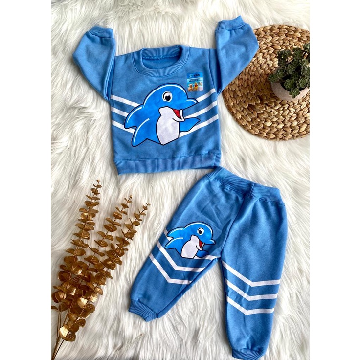 setelan sweater anak laki-laki/perempuan lengan panjang motif dolvin 3-18bulan