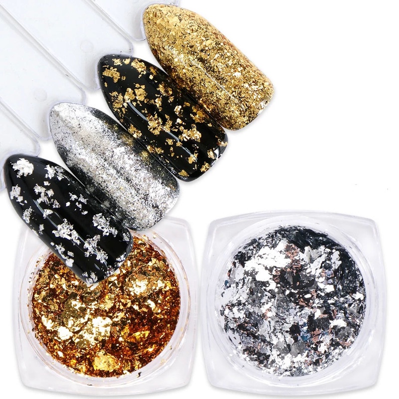 1 Kotak Serpihan Payet Glitter Irregular Flakes Chrome Pigmen Emas Foil 3D Untuk Dekorasi Manicure