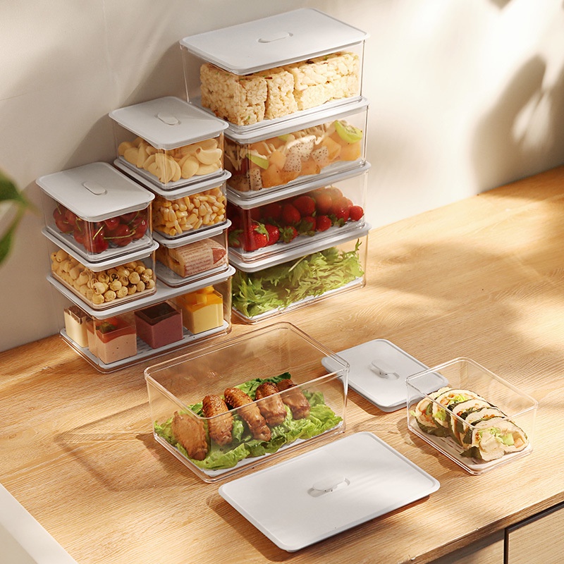 Kitchen Transparent ABS Plastic Food Sealed Storage Box / Refrigerator Vegetables Fruits Meat Fresh-Keeping Container with Lid Drain