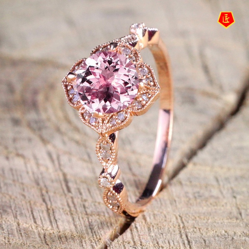 [Ready Stock]Simple Elegant Micro-Inlaid Pink Diamond Rose Gold Ring