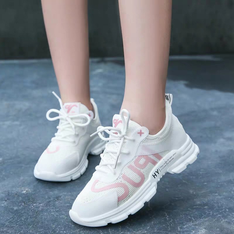 Sepatu running wanita sneakers tali putih cewek surat bernapas impor murah