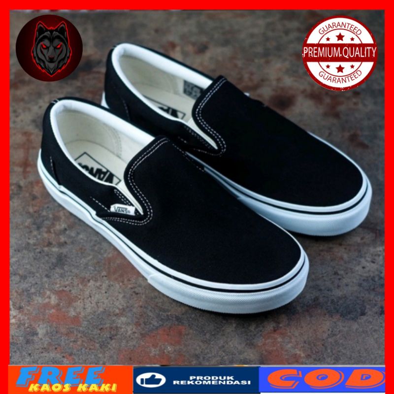 SEPATU VANS SLIP ON BLACK WHITE FULL BLACK HITAM POLOS WHITE PUTIH OLDSKOOL ERA SK8