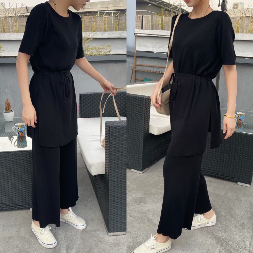 SET6316 Kylie Slit Long Blouse & Pants Knit Set-5