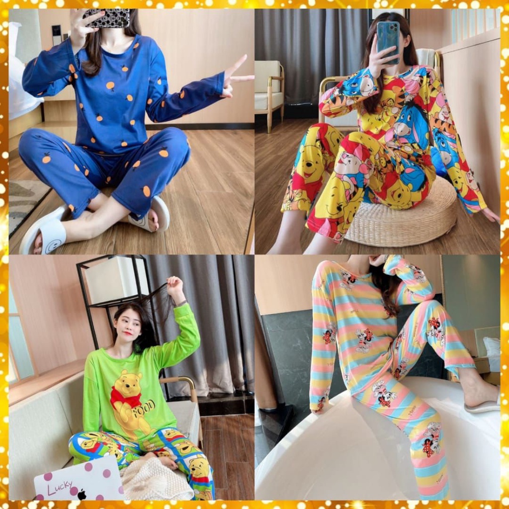 Baju Tidur Wanita Korea Import / Setelan Piyama Lengan Panjang Celana Panjang Bermotif Kartun Bahan SSAdem Dan Lembut