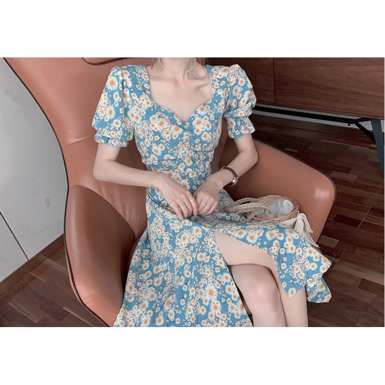 Side Slit Floral Dress with Puffy Sleeve - Dress Casual Kasual / Summer Dress Daisy Motif Bunga / Dr