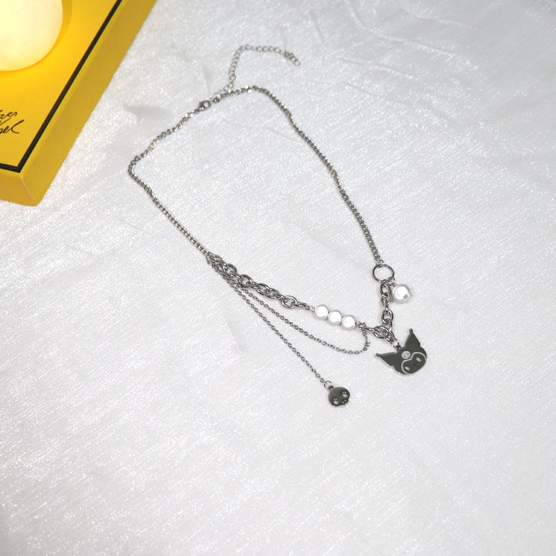 Cartoon Kuromi Pendant Necklace Reflective Pearl Multilayer Necklace