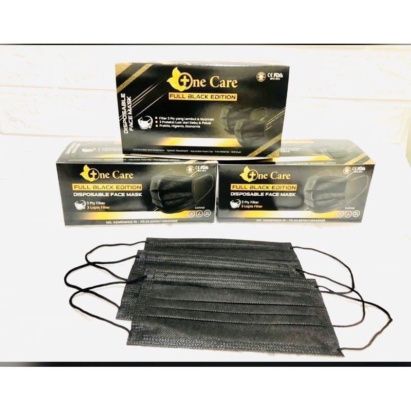 NeCare Black Earloop Masker Hitam 3ply isi 50 Pcs Ne Care Black Edition Full Hitam - Big Plaza