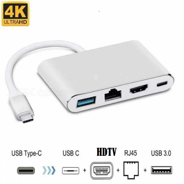 Type-c to thunderbolt hdtv lan rj45 usb 3.0 hub pd converter 4in1 4k gigabit 1000Mbps 5Gbps for macbook chromebook laptop