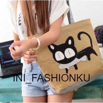 TAS TOTEBAG WANITA KEKINIAN - MOTIF FELIX 1 KUCING HITAM BISA COD