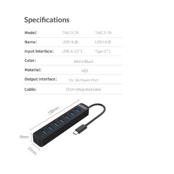 Type-c to Usb A 3.0 hub orico 7 port 5Gbps with pd Usb-c twc3-7a - Terminal usb3.0 7 slot