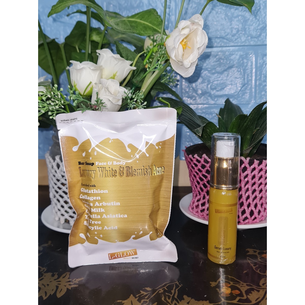 L-GLOW Duo Paket BAR SOAP LUXURY WHITE & BLEMISH ACNE + BODY SERUM PEELING WHITE KEMASAN BARU dengan