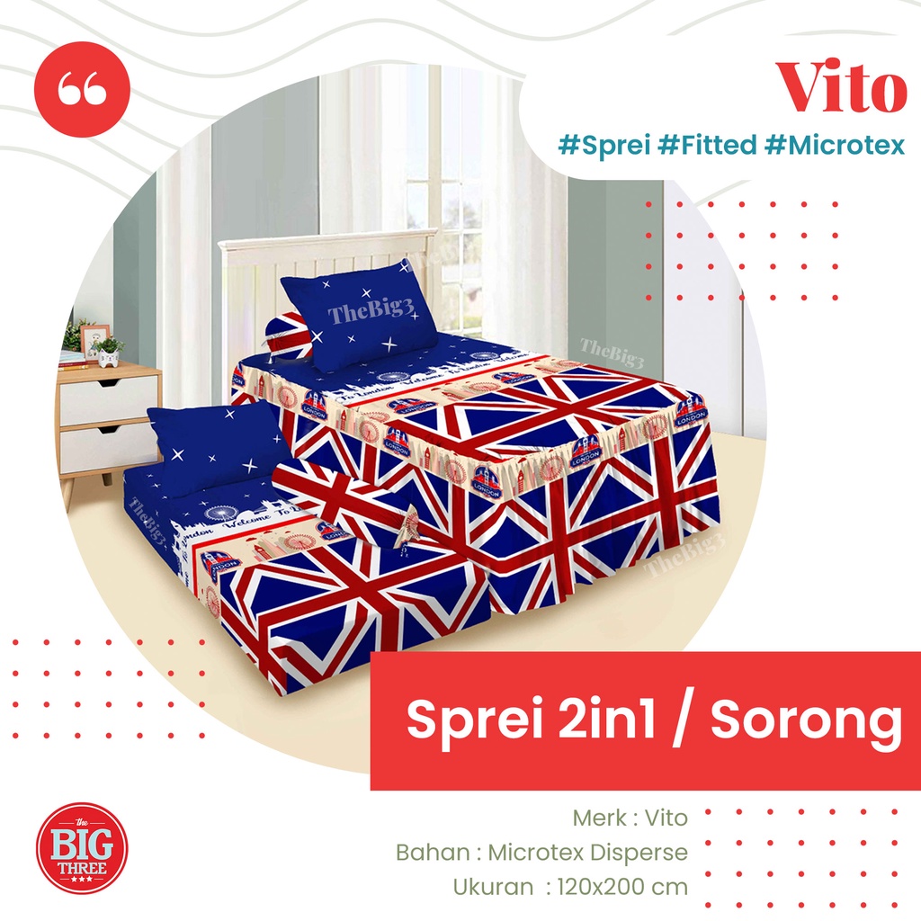 Sprei VITO 2in1 / DUO SORONG motif Alphabet Animal Channel Chibi BTS Doraemon Gucci Hello World Little Star London Louis Love Panda Milano Pinky Love Puzzle Retro Flower Summer Flamingo Yellow Duck   - SORONG 120x200 Single 120 SP DUO