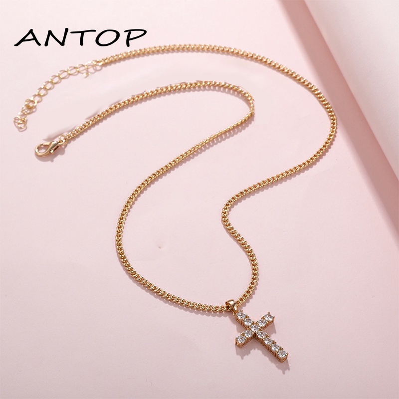 Retro Cross Kalung Emas Cubic Zirconia Hias Wanita Fashion Aksesori Hadiah ANTOP