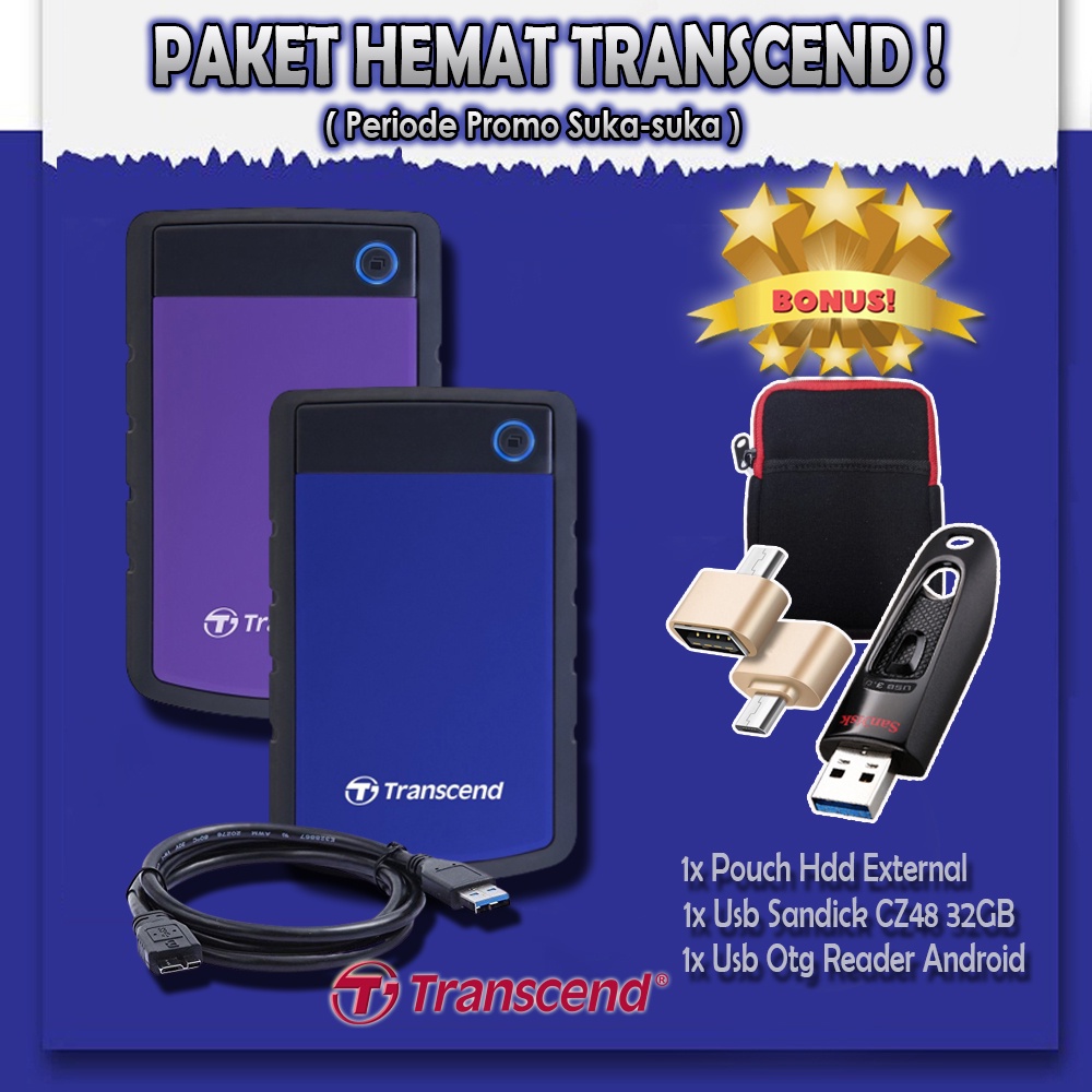 Hardisk Transcend 1TB 25H3  / 25H3B AntiShock Tahan Banting - GRATIS USB 32GB Sandisk &amp; Pouch HDD