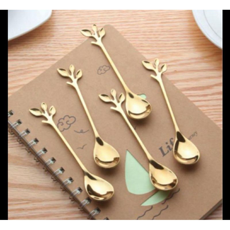 READY! Sendok Garpu Korea / Gold Silver Bentuk Daun / Tea Spoon Gold Daun / Sendok Dessert/ Souvenir