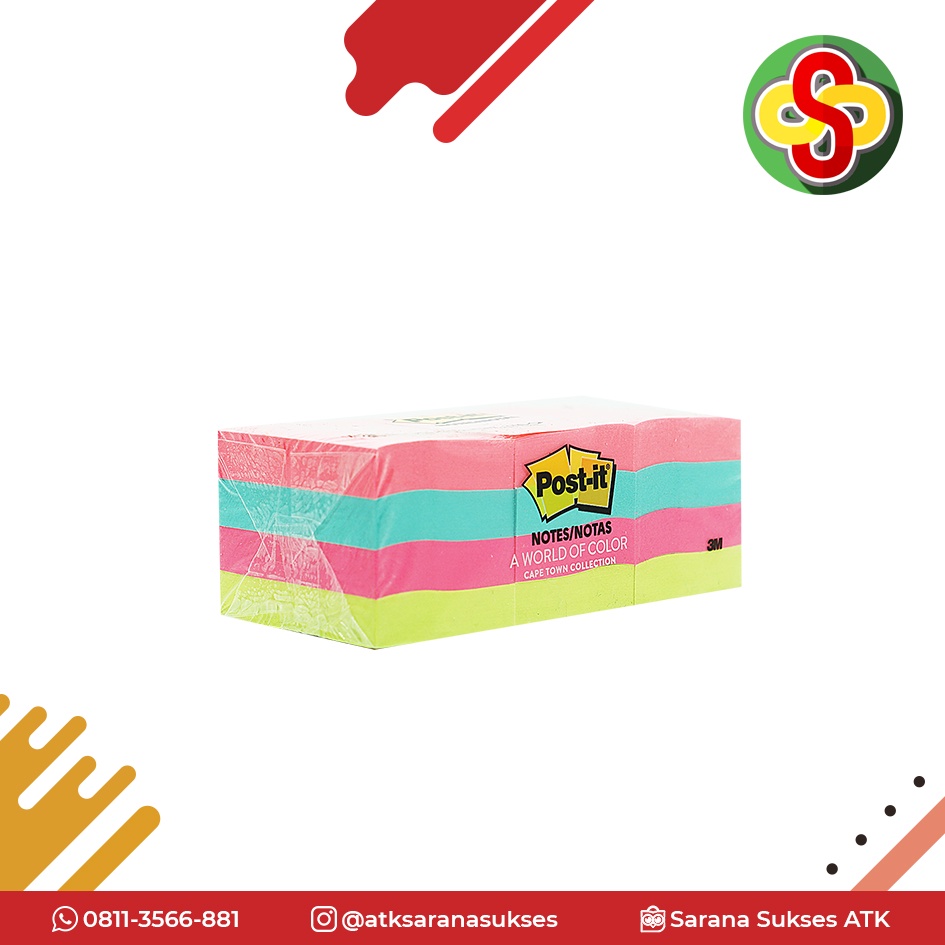 Sticky Note / Kertas Memo Post-it 3M 653AN 4 Warna Isi 12 pcs