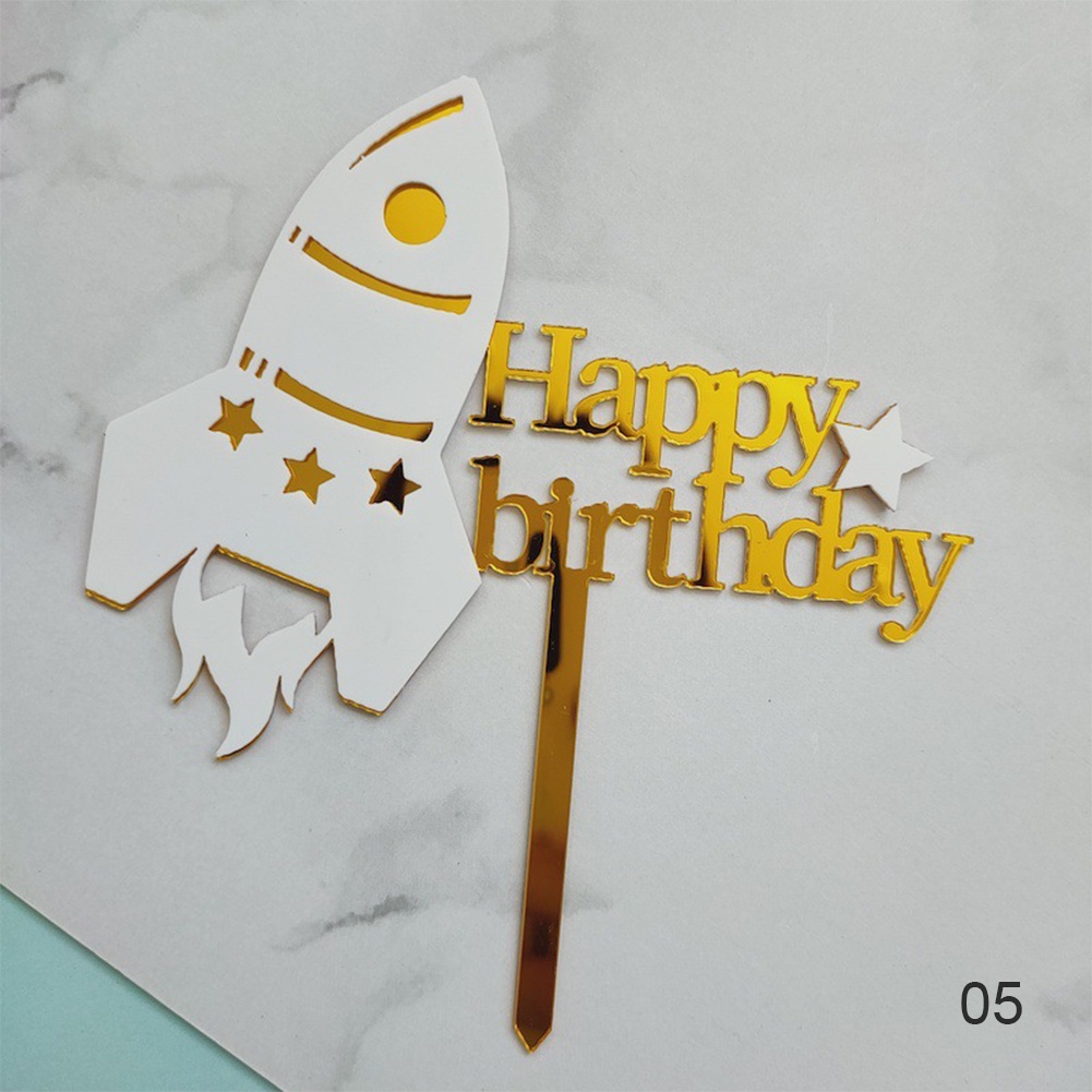 【TK】Creative Acrylic Rocket Cake Topper Diy Happy Birthday Cake Toppers Dessert Decoration For Kids Birthday Party