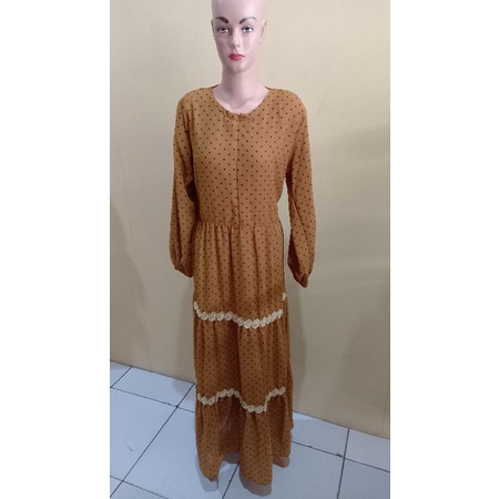 gamis ceruti rempel motif polkadot renda busana muslim wanita