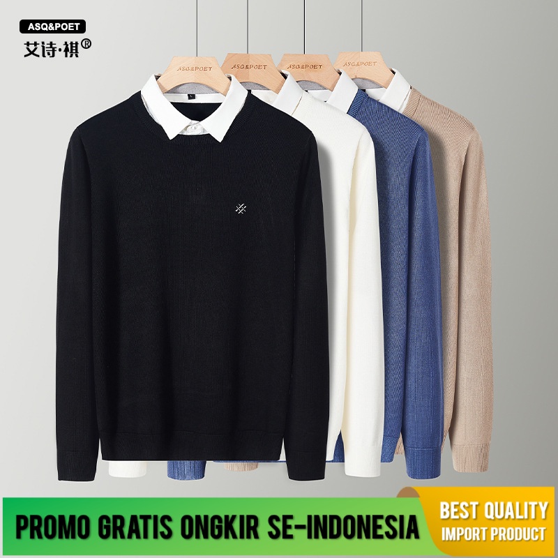 Sweater Palsu Dua Pria Pullover Kemeja Kerah Korea Fashion Hangat Menjaga Slim Bottoming Pria  Rajut