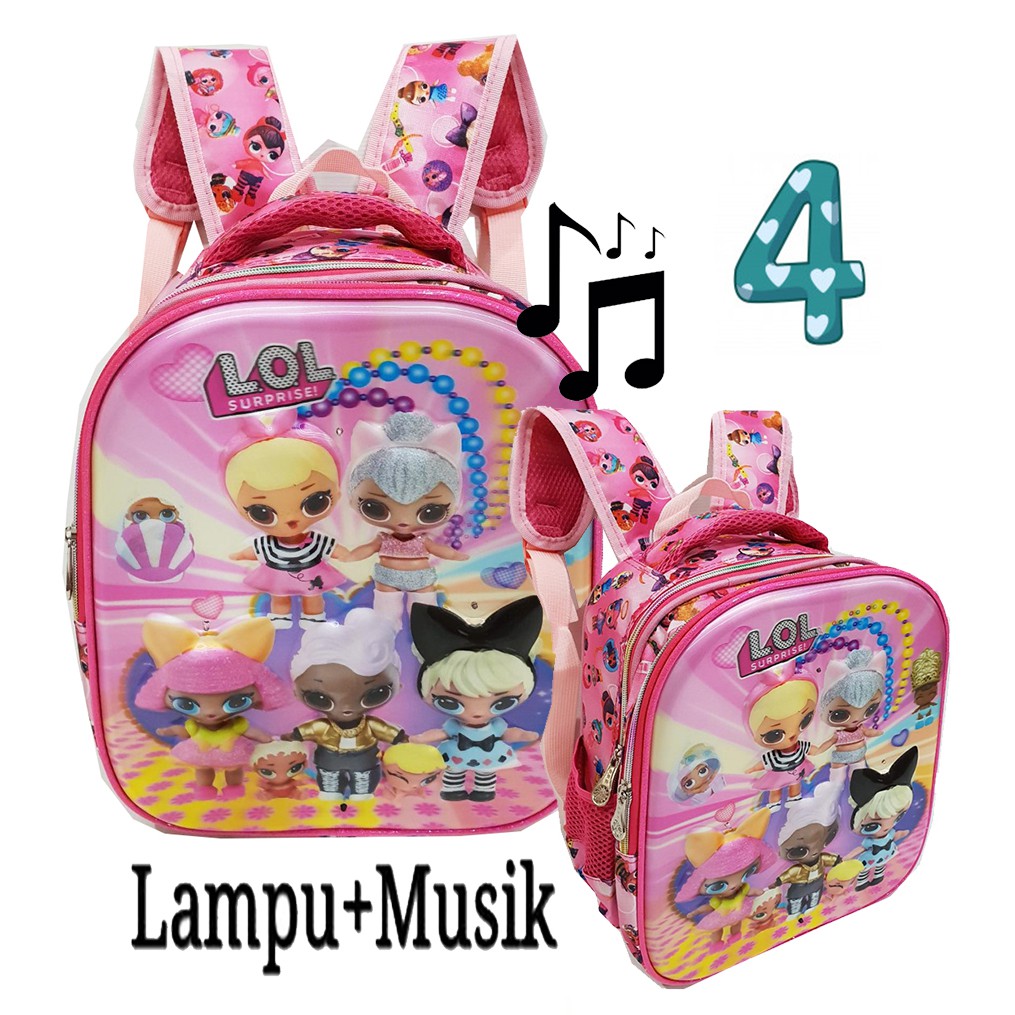 Promo RANDOM Tas Anak Ransel TK / SD LAMPU + MUSIK Gambar Anak Cewek Lengkap 5D Timbul Import