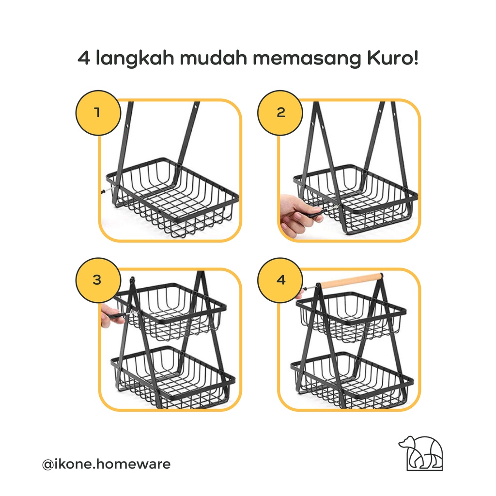 【IKONE】KURO Keranjang Rak Dapur Rak Buah Besi Rak Dapur Besi Kayu Serbaguna Dapur Rak 2 Tingkat Dapur