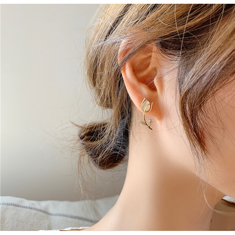 Anting Stud S925 Silver Needle Bentuk Bunga Tulip Untuk Wanita