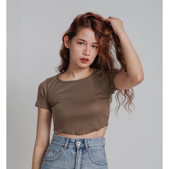 MODAVIE - ELENA CROP TOP Knit Crop Tee Unfinished Kaos Wanita Korean Crop Top