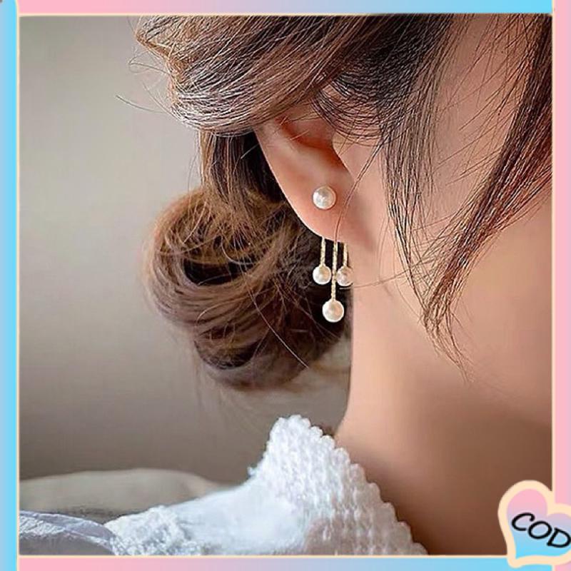 COD❤️ Pearl Back Hanging Silver Needle Earrings Temperamen All-Match Anting Wanita Halus-A.one